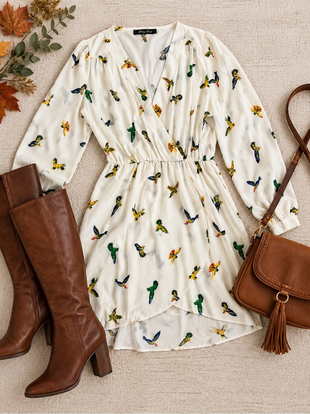 Honey Punch Ivory Bird-Print Long-Sleeve Surplice Dress